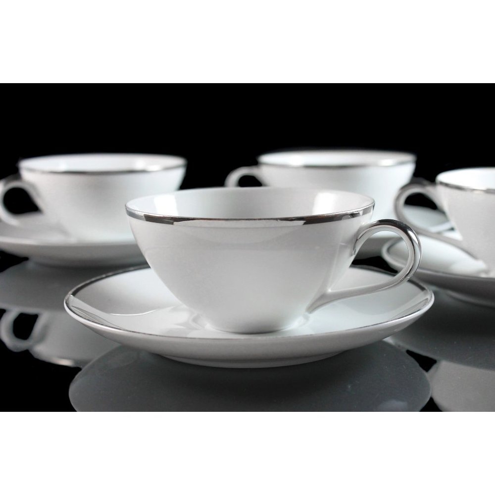 Harmony House Moderne Platinum Trim 4 Cups and Saucers & Creamer Japan No. 3545